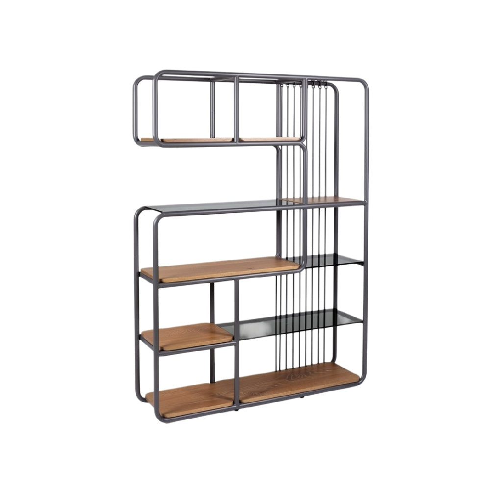 Moderne open boekenkast met metalen frame en houten planken