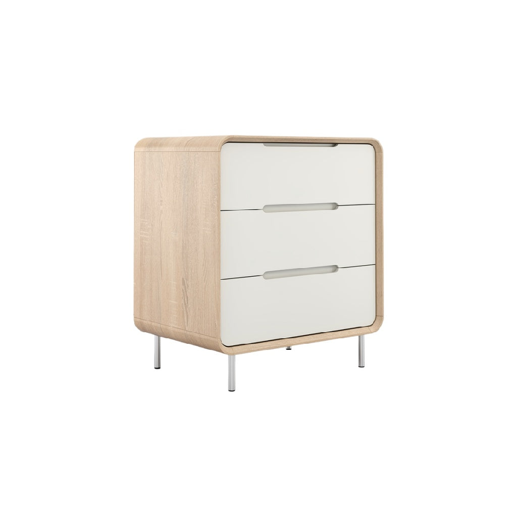 Minimalistische nachtkast met houten afwerking en twee ladefronten.